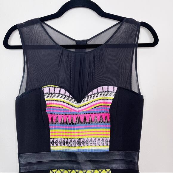 MILLY Size 4 Malhia Striped Aztec Sheath Dress Cocktail Black Neon Pink Yellow - Picture 3 of 10